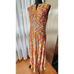 Vintage 1970s dress, orange, red, green, pink, yellow psychedelic paisley print